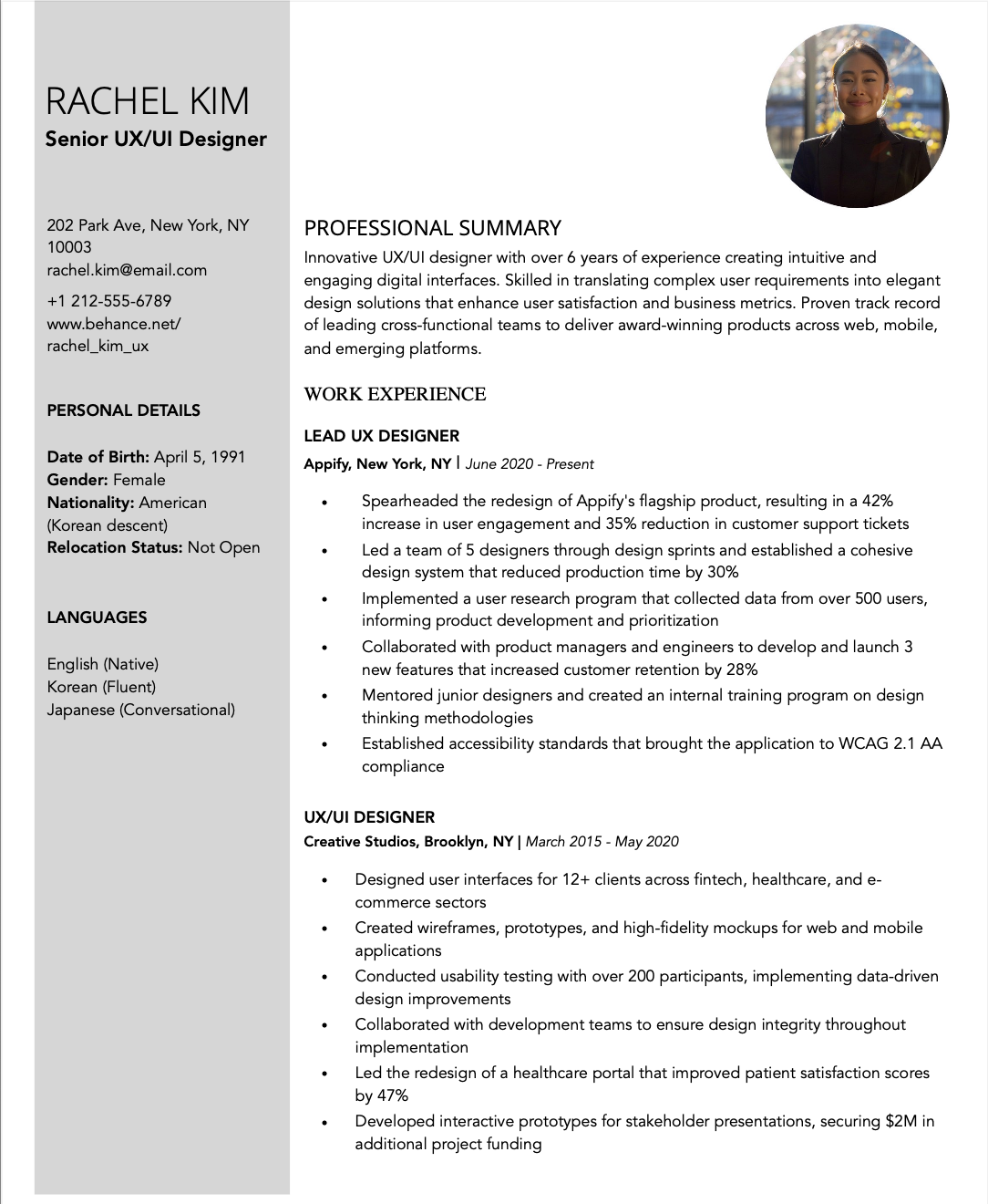 Rachel Kim original resume screenshot