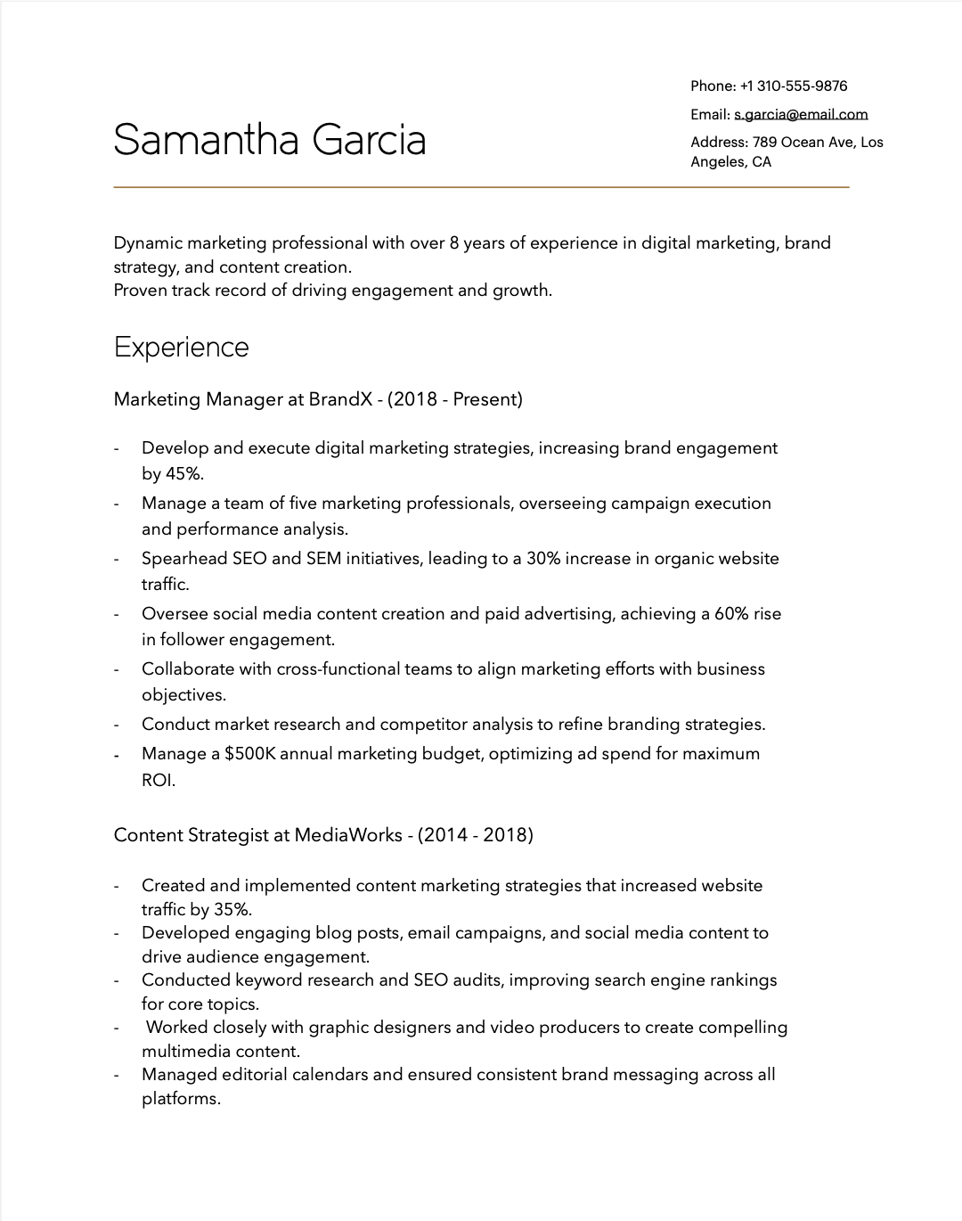 Samantha original resume screenshot