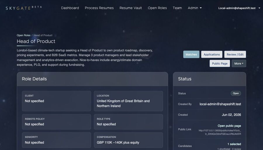 Skygate Open Role workspace showing the Head of Product role, actions, details, and status