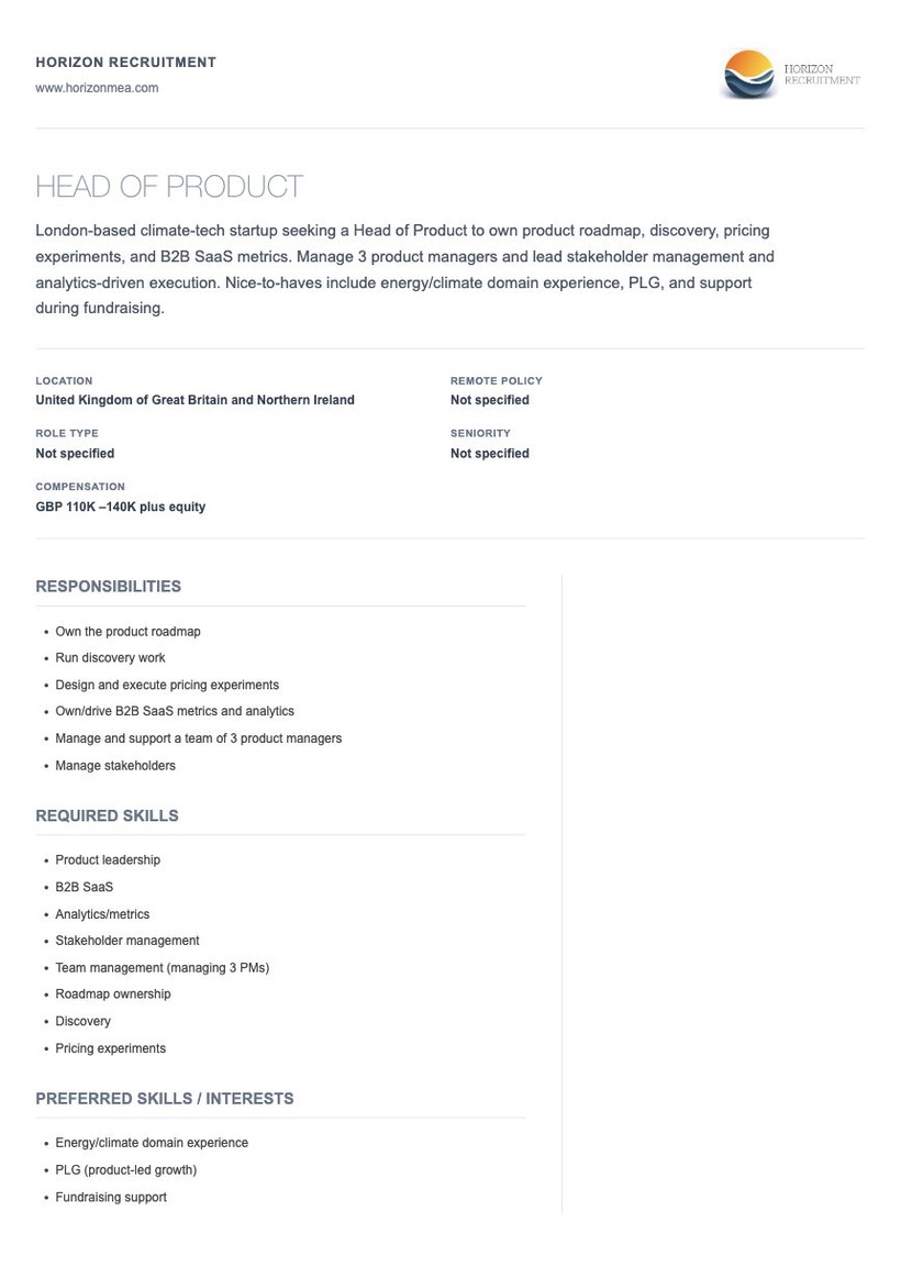 Public Head of Product role page generated by Skygate